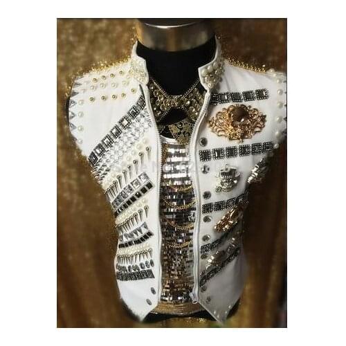 Fashion Male Luxury Rivets Rhinestone beads vest jacket For singer dancer DJ Ds costume outwear