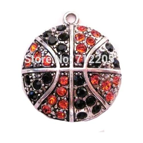New Arrival 50pcs antique silver color Basketball Orange and Black crystal sports Pendant(P10008)