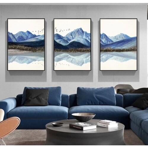 Blue Snow Mountains Bird Landscape Canvas Prints and Posters Abstract Art Nature Nordic Wall Picture for Living Room Decoration