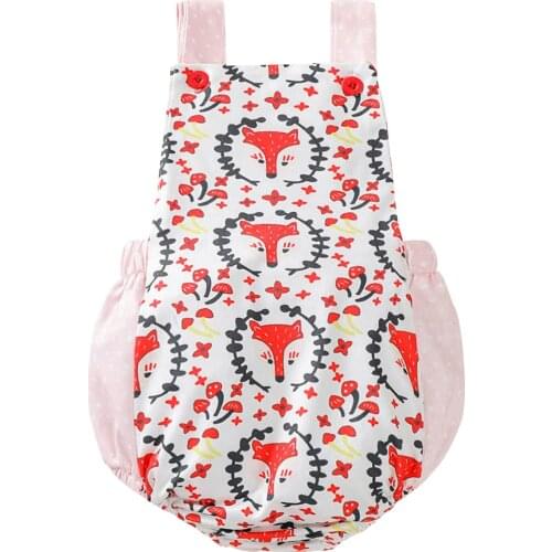 Baby Girls Casual Romper Red Cartoon Fox Printed Pattern Sleeveless Square Collar Romper