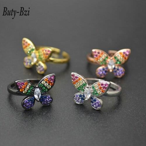 New Design Cute Butterfly Shape Circle Adjustable Metal Rings Multi Colors CZ Beads Paved Party Jewelry Gift