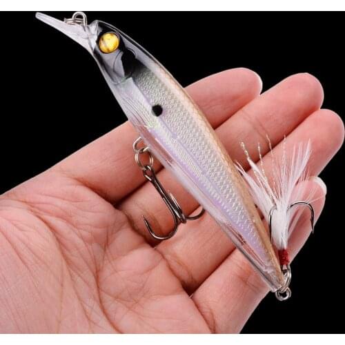 1PCS 11CM 13G Bionic Minnow Fishing Lure Hard Bait with 2 Feather Fishing Hooks Fishing Tackle Lure 3D Eyes Tuna Pesca Tackle