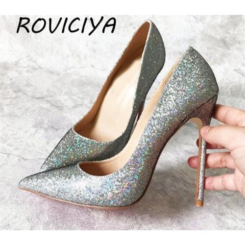 Silver 12cm high heels sequined cloth ladies pumps bling bling women party shoes shallow fashion nightclub BM019 ROVICIYA