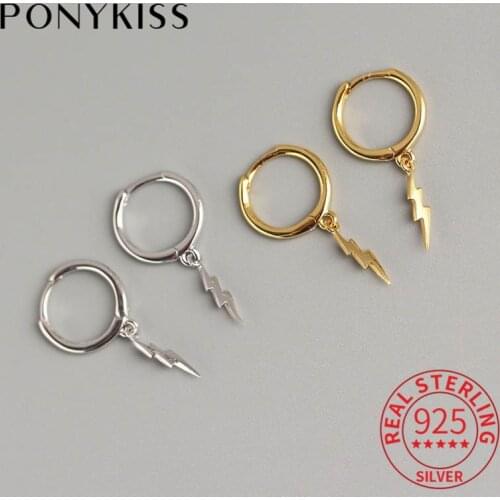 PONYKISS 100% 925 Sterling Silver Pendant Lightning Minimalist Hoop Punk Fashion Earrings Accessory For Party Chic Gift
