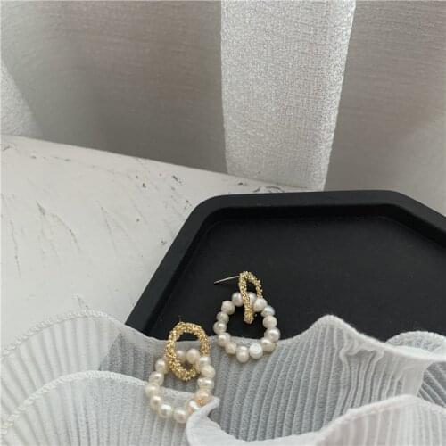 Handmade Natural Freshwater Pearl Drop Earrings Gold Color Alloy Hollow Out Geometric Dangle Earrings for Women Elegant Gift