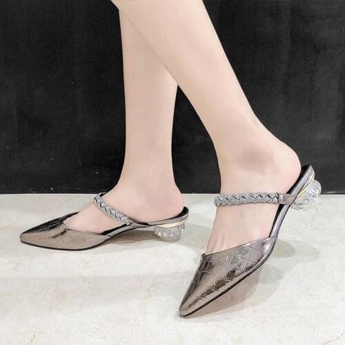 Gun Color Pu Leather Rhinestone Strange Style Womens Slides Korean Style Pointed Low-Heel Non-Slip Slippers Summer Sandals