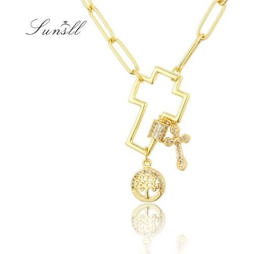 SUNSLL New Fashion Gold Copper Religious Cross Pendant Combination Sweater Chain Necklace For Women Banquet Jewelry Gift