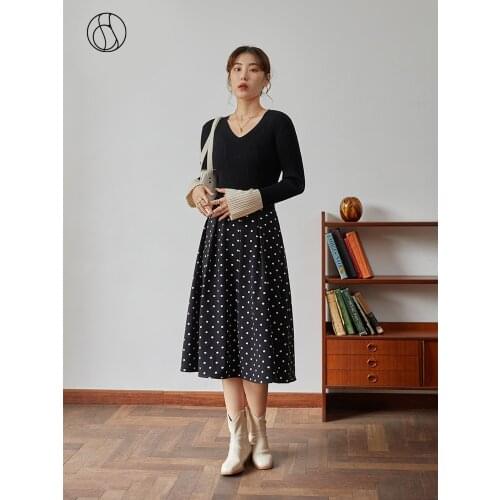 DUSHU Winter Sweater Women Irregular Hem V-neck Black Sweater Commuter All-match Patchwork Sleeves Pullovers Winter New Pullover