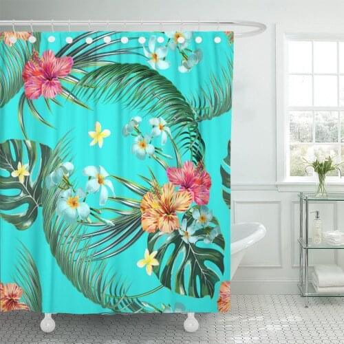 Beautiful Floral Pattern Summer Tropical Flowers Palm Leaves Jungle Bathroom Curtain Waterproof Polyester Fabric 60 x 72 inches