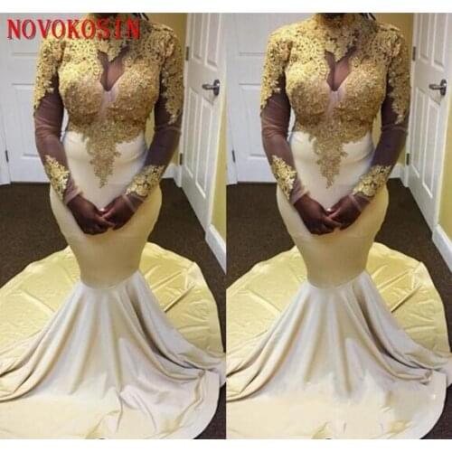 Unique Mermaid Satin Muslim Prom Dresses Long 2019 High Neck Long Sleeve Gold Applique Evening Dresses