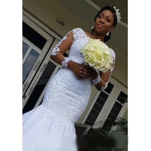 Vintage Lace Mermaid Wedding Dresses 2020 New Design Applique Court Train Illusion Long Sleeve African Bridal Gowns Vestido
