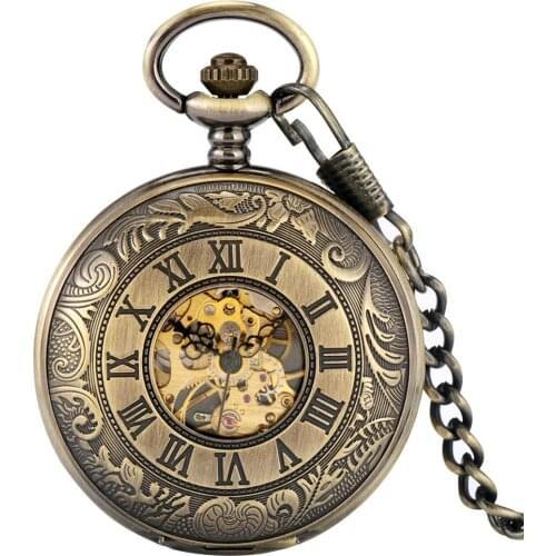 Vintage Bronze Hollow Double Sided Open Skeleton Mechanical Pocket Watch Shield Design Back Case Art Collectibles for Men Women