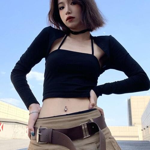 Gothic Two Pieces Sets Streetwear Long Sleeve Crop Top Autumn Clothing Sexy Halter Camisole Punk Skinny Black Womens T-Shirt