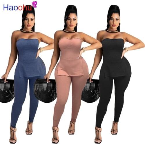 HAOOHU Women Sets Solid Sleeveless Spaghetti Strap Long Tops Sheath Elastic Full Length Pencil Pants 2 Piece Set Office Lady