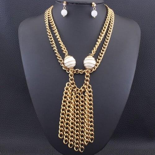 45CM Long Chains Sweater Drop Necklace & Stud Earrings Gold Color Fashion Stainless Steel Jewelry Sets For Women SEUZADCD