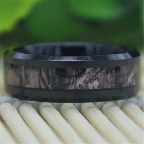 Free Shipping Top Quality Jewelry Hot Sales 8MM Black Bevel Camo Hunting Camouflage Design Mens Tungsten Carbide Wedding Ring