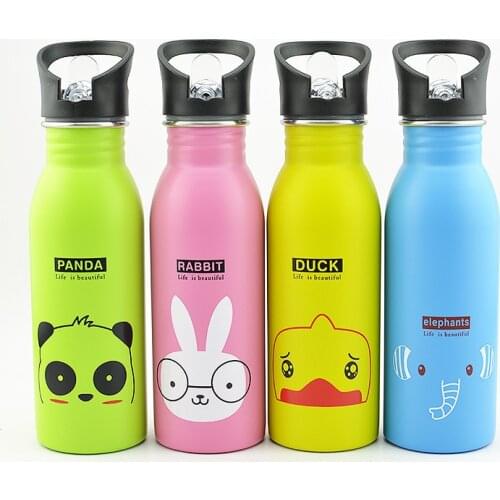 Children Straw Water Bottle Stainless Steel Cute Animal Pattern Portable Mountaineering Buckle Water Bottles For Outdoor & Home