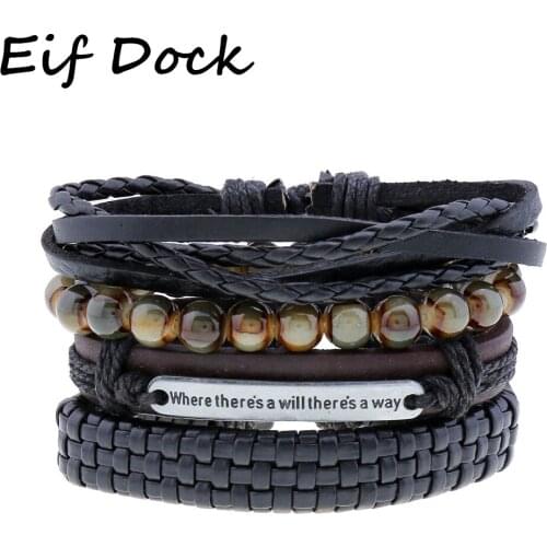 Eif Dock 4Pcs/ Set Braided Wrap Leather Bracelets for Men Vintage Tiger Eyes Stone Charm Beads Ethnic Tribal Wristband Dropship
