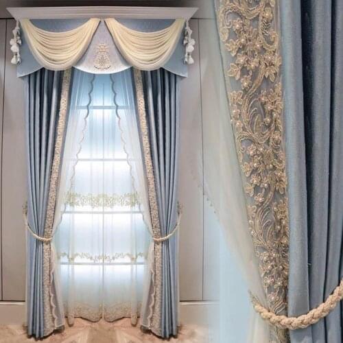 European solid color light luxury atmosphere modern wind blue shading curtain living room bedroom balcony French window curtain