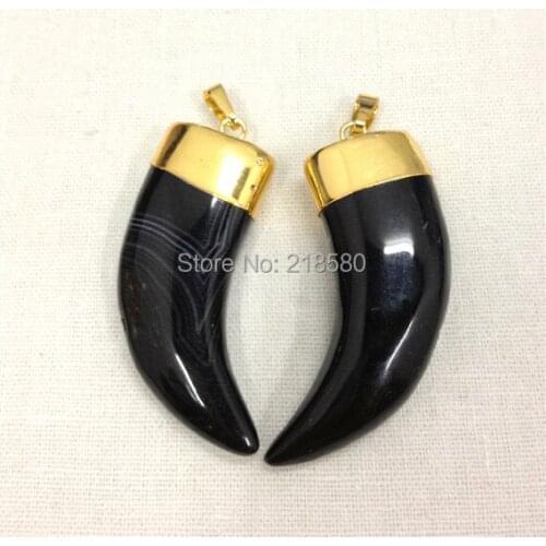 H-SP41 Large Black Onyx Dragon Agates Horn Tusk Pendant Charm with Gold or Silver Cap