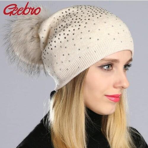 Geebro Brand Womens Pompons Rhinestones Beanie Hats Winter Warm Knit Cashmere Slouchy Beanies for Women Raccoon Fur Pompom Cap