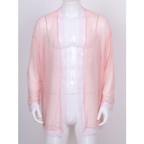 IEFiEL Mens See-through Lace Trim Mesh Lingerie Cardigan Long Sleeve Nightwear Sleepwear for Party Clothes Tops 2020 New