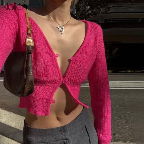KLALIEN Fashion Casual Streetwear Slim Solid Single Breasted Sweater For Women Autumn New Stretch Wild Basic Female Top 2021