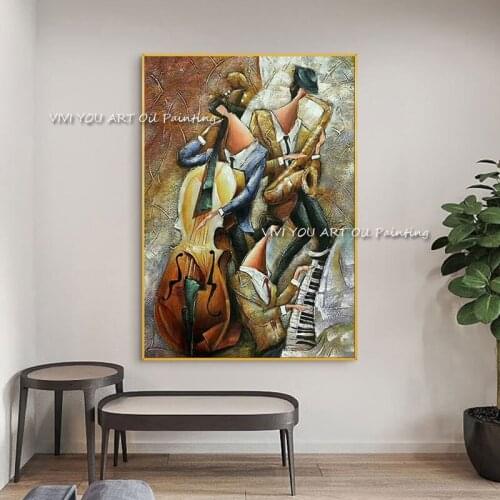 Classic Couple Dancing Violin Canvas Oil Painting Wall Art Posters Handmade Wall Picture for Living Room Cafe Bar Decoration
