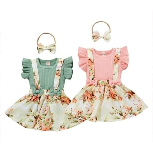 FOCUSNORM 3pcs Summer Lovely Baby Girls Clothes Sets Ruffles Sleeve Solid T Shirts Flowers Suspender Dress+ Headband 0-4Y