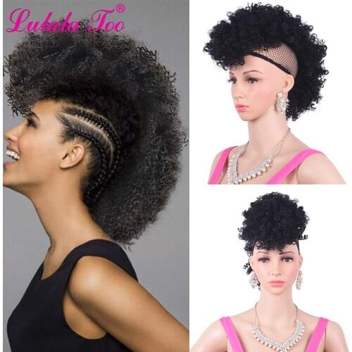 Short High Puff Afro Kinky Curly Ponytail Wig With Bangs For Women Synthetic Mohawk Pony Tails Clip in Hair Extensions