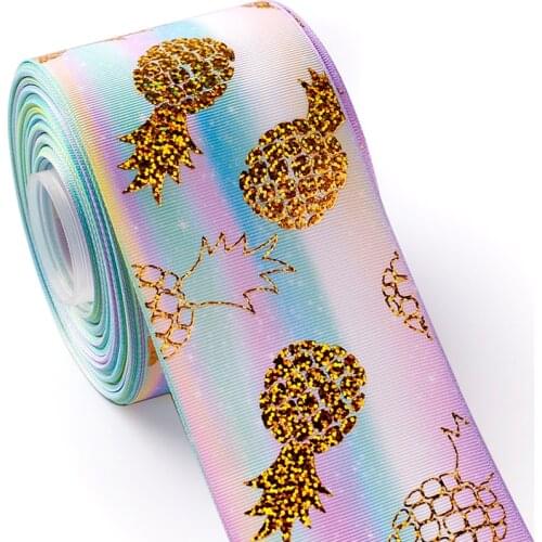 2 Yards 75mm Gold Laser Printed Pineapples Grosgrain Ribbon for Girl Hair Bow DIY