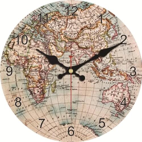 Fashion Vintage World Map Wall Clock Silent Living Study Kitchen Bath Room Home Wall Decoration Art Watches Large Clock No Sound