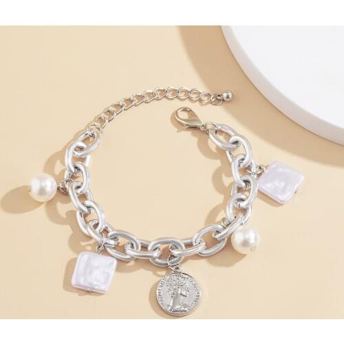 Trendy Jewelry Big Chunk Chain Bracelet Hip Hop One Layer Round Square White Bead Charm Bracelet For Women Gifts