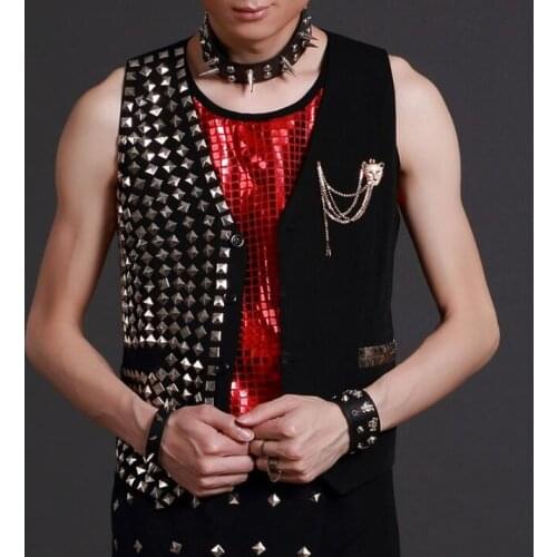 Rivets colete masculino men vest clothing camiseta tirantes hombre personalized singer dance stage street star style dress black