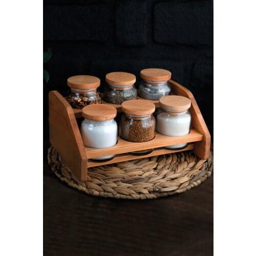 6 piece Glass Jar With Wood Lid and Wooden Stand Spice Salt Shaker Rice Storage Container Jars Gift Jar Set