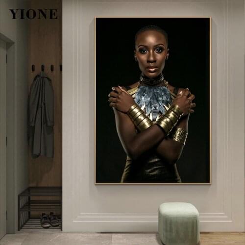 African Black Gold Woman Canvas Painting Modern Art Peacock Feather Nude Figure Wall Pictures for Living Room Posters and Prints