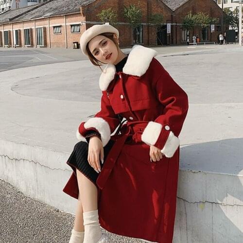 2020 Autumn Winter Woolen cloth Women Coat warm Fur collar patchwork Sashes Casual Ladies overcoat Fashion female woolen coat