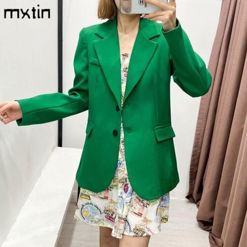 MXTIN 2021 Women Spring Vintage Green Single Breasted Jacket Coat Fashion Lapel Collar Long Sleeve Office Lady Female Chic Tops