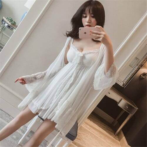 Pajamas two-piece mesh gauze pad princess strap robe summer home bathrobe lace Palace style elegant white пижама Nightwear