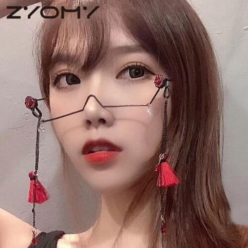 Q Luxury Crystal Pendant Decoration Half Frame Eyeglasses No Chain Women Vintage Glasses Alloy No Lens Girls Diamond Glasses