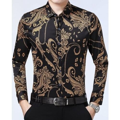 100% Real Silk Luxury Mens Clothes Baroque Gold Black Flowers Printed Big Size Mens Clothing Royal Blouse Large Christmas Gift