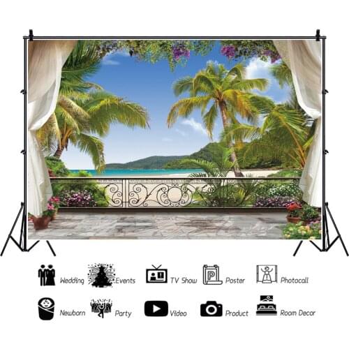Tropical Seascape Coconut Tree View Artistic Photos Background Decorations for Holiday Party Photography Props
