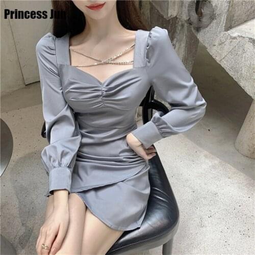Spring Autumn 2021 New French Retro Mini Dress Beads Chain Cross Front Long Sleeve Square Collar Sexy Mini Party Dress Vestidos