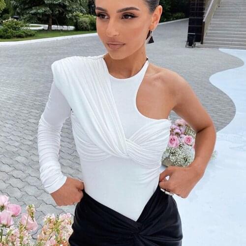 One Shoulder Bodysuit Top Autumn Cross Ruched Body Suit Top for Women White Elegant 2021 New Autumn Winter Romper Outfits Yuqung