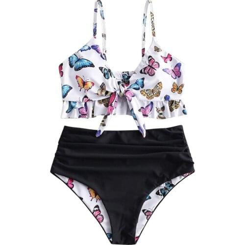 Women Two Pieces Bathing Suit Top Ruffled With High Waisted Bottom Bikini Set WomenS Sexy Butterfly Print Split Swimsuit Z0226