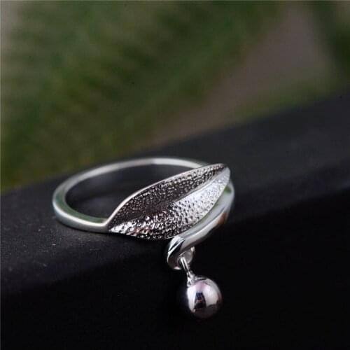 BESTLYBUY 925 Sterling Silver Bamboo Leaf Shape Ring Adjustable Open Rings For Women Retro Style Lady Silver Jewelry