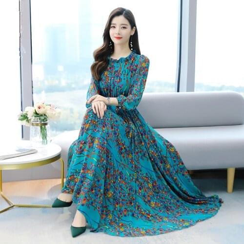 Boho Vintage Print Chiffon Beach Maxi Dress Women Spring Autumn Plus Size Long Sleeve Dresses Elegant Party Vestidos 4XL H1476