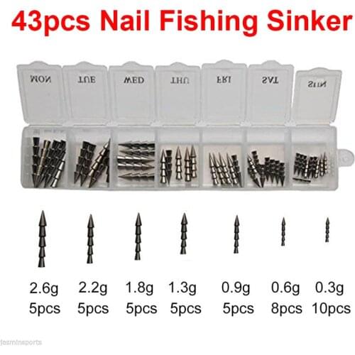 43pcs 100% Tungsten Nail Pagoda Fishing Sinker Small Thin Worm Weights Sinkers Insert Into Soft Plastic Lures Set With Box