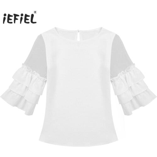 Girls Blouse Summer Tops Ruffles Flare Sleeves Children T-shirt Solid Color Casual Kids Clothing T Shirts 4 6 8 10 12 14 Years