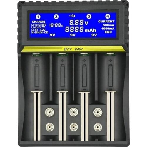 BTY-V407 Battery Charger Li-ion Li-fe Ni-MH Ni-CD Smart Fast Charger for 18650 26650 6F22 9V AA AAA 16340 14500 Battery Charge